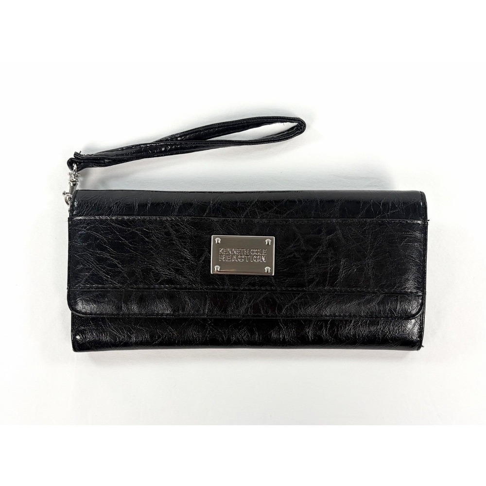 Kenneth Cole Reaction Black Faux Leather Clutch Wallet Wristlet Zip Pocket